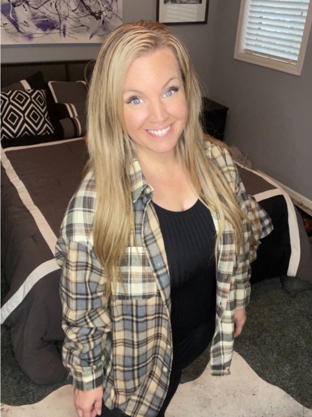 Plaid Button-Down Shirt - Beige and Gray